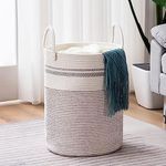 Brishtl® Woven Rope Laundry Hamper Basket, Baby Nursery Hamper For Blanket Storage, Clothes Hamper For Laundry In Bedroom,Hall ( Tall (58L) (15"X15"X20"),(Stripe White))