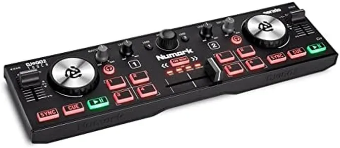 Numark DJ2GO2 Touch – Compact 2 Deck USB DJ Controller For Serato DJ with a Mixer / Crossfader, Audio Interface and Touch Capacitive Jog Wheels,Black