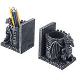 MyGift Black Resin Dragon Decorative Bookends for Heavy Books with Pencil Holder for Desk - Office Supplies Fantasy Dragons Tower Pen Cups Bookends (Pair)