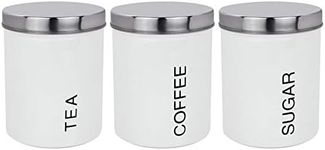 Harbour Housewares Round Metal Tea Coffee Sugar Canisters - White - 3pc Set - Retro Kitchen Storage Loose Tea Coffee Beans Granulated Sugar Airtight Container Food Preserve Caddy with Lid