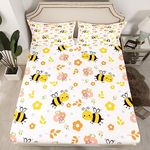 Cute Bee Bed Sheet Set Full Size Honeybee Kids Bedding Set for Boys Girls Teens Kawaii Bugs and Flowers Fitted Sheet Cartoon Wild Animal Farmhouse Bedding Sheets Bedroom Decor Bedding Collection