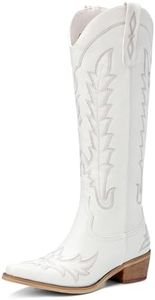 Rivalran White Cowboy Boots for Women - Wide Calf Knee High Pointed Toe Chunky Heel Pull On Zipper Western Cowgirl Boots, Retro Country Vintage Fashion Tall Boots US Size 5
