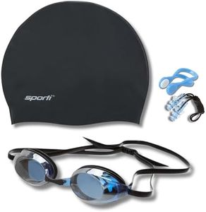 Sporti Swimming S2 Mirrored Goggles with Nose Clip, Earplugs with String, Swim Cap for Men and Women