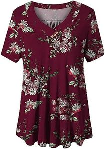 Womens Jacket Tops Tops V Neck Short Sleeve Shirt Floral Blouses Tunic Tops M 4XL Summer Shirts for Women Plus Size (Wine, XXL)