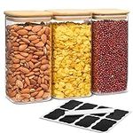 Glass Jars with Bamboo Lid - 3Pack 50oz Square Food Storage Containers Set with Black Lable-Stcikers and Marker Pen, Storage Canisters for Home, Kitchen and Pantry