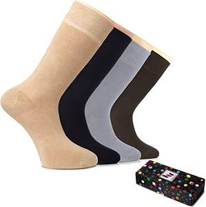 Hugh Ugoli Men's Rayon Dress Socks for Business & Trouser, Thin & Seamless Crew Socks, 4 Pairs with Gift Box, Assorted, Shoe Size: 8-12