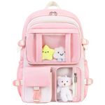 HORHEAR Kawaii Backpack for School Girls Cute Bag with Kawaii Stuff Bear Pendant Backpack Aesthetic for Kids Rosa