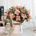 LESING Artificial Flowers in Vase Silk Rose Flower Arrangements Fake Faux Flowers Bouquets with Ceramics Vase Table Centerpieces for Dinning Roon Table Kitchen Decoration (Pink)