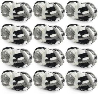 HOMBYS Chunky Tie Dye Mix Chenille Yarn for Hand Knitting, Super Bulky Jumbo Yarn for Crocheting, 3/4" Thick Soft Plush Yarn for Blankets, 8 Skein Pack (26 yds / 7.5 oz Each) Black White Grey