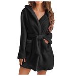 Sold by Only Products Women Fuzzy Robes Plush Bathrobes Long Sleeve Hooded Warm Short Bath Robe Sexy Fleece Sleep Robes with Pockets Clearance Today Deals Prime Black