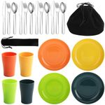 Evanda Camping Mess Kits 20 Piece, Reusable Light Weight Mug, Plate and Stainless Steel Cutlery Set with Black Bag, for Camping 4 Person, Dishwasher Safe