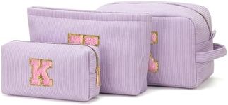 Viverte Makeup Bag Cosmetic Bag for Girls with Initial Letter Patch 3 Pieces Corduroy Travel Toiletry Make Up Brush Bag Pounch Organizer Preppy Things Cute Stuff Gifts for Teen Girls (Lavender K)