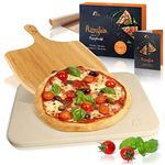 Amazy Pizza Stone incl. Bamboo Shovel, Permanent Baking Paper and Informative Flyer with Recipes – Give Your Next Pizza Authentic Italian Flavour (38 x 30 x 1.5 cm)