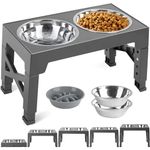 FOSTBEEN Elevated Dog Bowls, 5 Height Adjustable Stand, Raised dog bowl with Slow Feeder Bowl & Double Bowls Stainless Steel 1200ML, for Water and Food Feeder for Small Medium Large Dogs, Gray