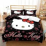 MKNAZ Cute Soft Duvet Cover Sets,3 Piece Cartoon Hallo Cat Bedding Set,Kawaii Anime Kitty Cat Decor Bedroom Gift with1 Duvet Cover and 2 Pillowcases for Kid and Girl… (Black, Full)