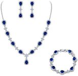 EleQueen Women's Silver-Tone Cubic Zirconia Teardrop Flower Bridal V-Necklace Sets Tennis Bracelet Dangle Earrings Sapphire Color