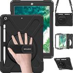 BRAECN Case for iPad 9.7 2018/2017，Heavy Duty Shockproof Rugged Case with Pencil Holder, Shoulder Strap & Rotating Hand Strap/Stand for iPad 9.7" 6th/5th Generation A1893/A1954/A1822 Tablet-Black