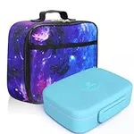 Fenrici Kids Lunch Bag and Bento Box Set, Insulated Lunch Box for Boys, Girls with 5 Compartment Container, Utensils Included for School, BPA Free, Purple Galaxy, Pastel Blue Bento