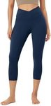 ODODOS Women's Cross Waist Cropped Yoga Leggings with Inner Pocket, Inseam 23" Gathered Crossover Workout Yoga Pants, Navy, Small