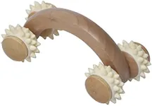 Natural Wooden Handheld Massage Roller - Four Spiked Rollers for Muscle Relief, Circulation Boost and Relaxation - Ergonomic Acupressure Massager for Back, Legs, Arms and Feet