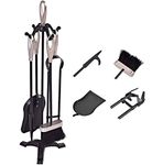 TANGZON 5 Piece Fireplace Companion Set, Wrought Iron Fire Tools with Tong, Shovel, Brush & Poker, Indoor Outdoor Fireside Accessories Kit (4 Hooks, Silver + Black)