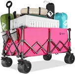 VILLEY Extended Collapsible Foldable Wagon with 330LBS Weight Capacity, 220L Heavy Duty Folding Utility Garden Cart with Big All-Terrain Beach Wheels with Brake & Drink Holders, Pink