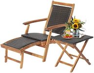 RELAX4LIFE Patio Lounge Chair Set - Outdoor Acacia Wood Chaise Lounge w/Side Table, Armrest & Retractable Ottoman, Rattan Seat, Tabletop, Quick Folding Sunbathing Chair for Backyard, Poolside (1)