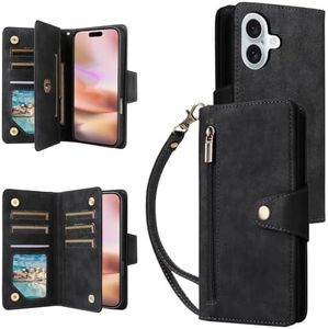 YocoverTech for iPhone 16 Plus Case,for iPhone 16 Plus Wallet Case[6 Card Slots and 1 Zipper Coin Pocket] PU Leather Stand Flip Cover with Wrist Strap for iPhone 16 Plus-Black