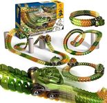 FUZETAO Dinosaur Race Car Tracks Flexible Race Slot Car Magic Track with LED Lights Anti Gravity Various Ways for Toddlers Kids Preschooler Boys (138PCS)