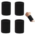 kuou 2 Pairs/4 Pack Black Wrist Sweatband, Athletic Cotton Sweat Bands Wristband Tennis Band For Sports Running Gym