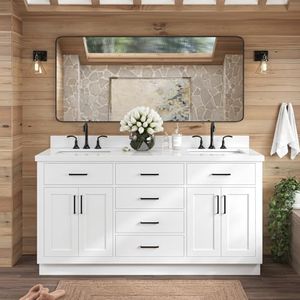 ARIEL Hepburn 66-inch Bathroom Vanity with Sink,Solid Wood, 1.5-inch Pure White Quartz Countertop & Backsplash, Double Rectangular Porcelain Sink, 4 Soft Closing Doors, 6 Dovetail Drawers, White