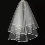 White Wedding Veil,2 Tier Ribbon Edge Center Cascade Bridal Veil with Comb for Bachelorette Party