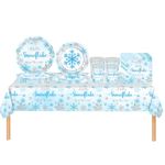 69P Christmas Snowflake Theme Party Tableware Plastic Table Cloth,Paper Plates,Napkins and Cups,Blue Snowflake Dinnerware Set for Winter Holiday Xmas Snowflake Frozen Party Table Decoration