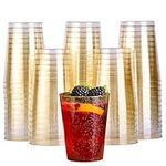 MATANA 50 Premium Clear Hard Plastic Cups, Plastic Party Cups with Gold Glitter (285ml / 10oz) - Reusable Plastic Glasses, Tumblers, Gold Cups for Drinks, Cocktail, Dessert, Wedding, Parties