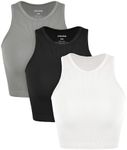 ODODOS 3-Pack Seamless Crop Tank for Women Ribbed Soft High Neck Cropped Tops, White+Black+Gray, Medium/Large