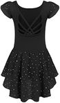 Arshiner Girls Shiny Ruffle Sleeve Ballet Leotard with Skirt Criss-Cross Back Dance Dresses Black