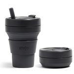 STOJO On-The-Go Biggie Collapsible Coffee Cup with Lid - 16oz / 473ml - Reusable & Foldable Silicone Travel Mug - Portable, Pocket Size - Dishwasher Safe - Carbon