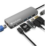 Verbatim 6-in-1 USB C Hub w/Dongle - USB Hub for Laptop w/ 2 USB 3.0, USB C, SD Card Reader, 4K HDMI, Ethernet, Compact & Portable USB-C Hub