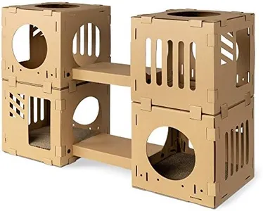 Navaris Modular Cardboard Cat House - DIY Corrugated Cardboard Configurable Play Tower Condo for Small Cats, Kittens, Rabbits - 4 Cubes with 2 Bridges