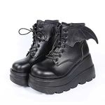 Ulalaza Dark Bat Wing Ankle Boots for Women Wedge Chunky with Sassy Platform Boot Round Toe Lace up Side Zipper High Heel Women Boot Stretch Fabric Soft Skin-Friendly and fit Around The Ankle