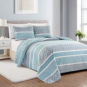 Great Bay Home Bedding Set, 3 Piece Reversible Blue Quilt Comforter with 2 Shams, Lightweight, All-Season, Cozy, Modern Bedspreads, Paisley Coverlet Sets, Kadi - Blue Collection, Full/Queen