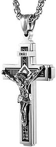 HZMAN Stainless Steel Cross Necklace for Men Women Religious Catholic Jesus Christ on INRI Crucifix Pendant 22+2 Chain (Silver)