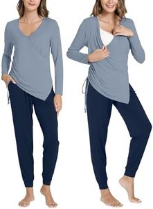 BambooBud Pajama Sets for Women Long Sleeve Sleepwear Maternity Nursing Lounge Set Breastfeeding 2 Piece Pjs S-XXL, Navy Blue+Ink Blue, XX-Large