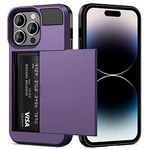 Vofolen for iPhone 14 Pro Case Wallet Credit Card Holder ID Slot Sliding Door Hidden Pocket Men Women Anti-Scratch Dual Layer Hybrid Bumper Armor Protective Cover for iPhone 14 Pro GreyPurple