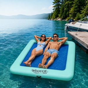 WOOSYJE Inflatable Water Hammock Float, 6.6ft x 5ft Heavy Duty Drop-Stitch Floating Dock with Mesh Center, 4-Person Capacity, Stainless Steel D-Rings, Includes Pump