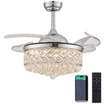 DuMaiWay 36" Chandelier Ceiling Fan, Fandelier, Dimmable Modern Crystal Retractable Invisible Blade LED Lighting with with Remote Control for Bedroom Living Room 6 Speed 3 Light Change Silver