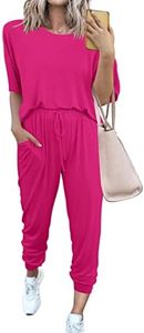 PRETTYGARDEN Women's Two Piece Outfit Short Sleeve Pullover with Drawstring Long Pants Tracksuit Jogger Set (Rose Red,Medium)