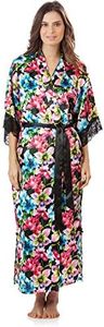 Ashford & Brooks Women's Satin Lace Trim Long Kimono Robe - Floral - Small