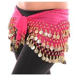 VRITRAZ Women's Chiffon Belly Dance Hip Scarf Waistband Belt Above Knee Skirt With128 Ringy Golden Coins 128 Rose