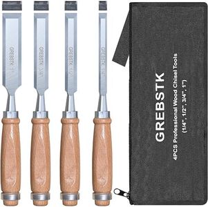 GREBSTK Professional Wood Chisel Tool Sets Sturdy Beech Wood Handles and Chrome Vanadium Stainless Steel Woodworking Tools with Zippered Bag for Carving Knifes/Chisel Kit, 4PCS, 1/4",1/2",3/4",1"